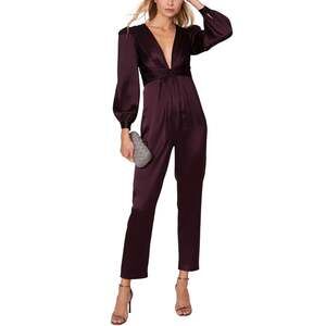 Mac Duggal 2647 Purple Jumpsuit Satin Long Sleeve V-Neck Slim Fit Pant Size 2